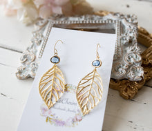 Load image into Gallery viewer, Leaf Earrings, Gold Filigree Leaf Dark Sapphire Blue Navy Blue Earrings,  Navy Blue Wedding Jewelry, Bridesmaid Gift, September Birthstone
