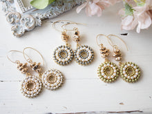 Load image into Gallery viewer, Olive Green Earrings, Sage Green Olive Green Crystal White Pearl Pave Pendant Earrings, Gold Nugget Beads Earrings, Clip On Available
