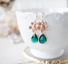 Load image into Gallery viewer, May Birthstone Jewelry, Emerald Green Teardrop Crystal Earrings, Rose Gold Flower Earrings, Emerald Green Wedding Bridesmaid Earrings
