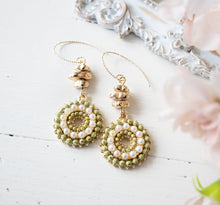 Load image into Gallery viewer, Olive Green Earrings, Sage Green Olive Green Crystal White Pearl Pave Pendant Earrings, Gold Nugget Beads Earrings, Clip On Available
