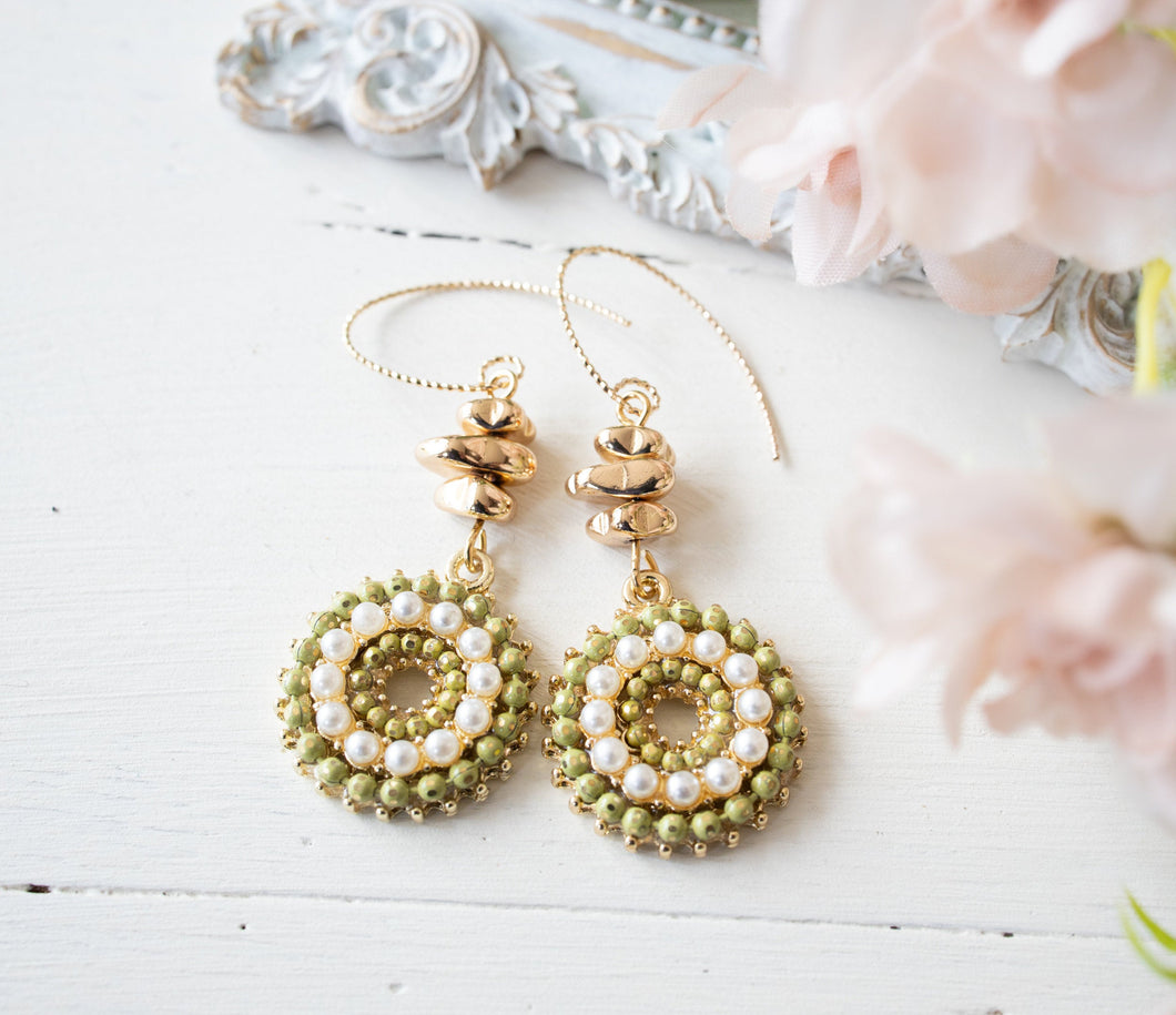 Olive Green Earrings, Sage Green Olive Green Crystal White Pearl Pave Pendant Earrings, Gold Nugget Beads Earrings, Clip On Available