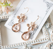 Load image into Gallery viewer, Rose Gold Flower Dangle Earrings, Peach Champagne Crystal Drop Earrings, Peach Wedding Bridesmaid Gift, Gift for Girlfriend, Gift for Her
