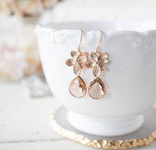 Load image into Gallery viewer, Rose Gold Flower Dangle Earrings, Peach Champagne Crystal Drop Earrings, Peach Wedding Bridesmaid Gift, Gift for Girlfriend, Gift for Her
