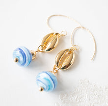 Load image into Gallery viewer, Cowrie Shell Earrings, Cowry Earrings, 18K Gold plated Blue Drop Earrings, Pacific Ocean Blue Swirl Lampwork Glass Bead, Beach Jewelry
