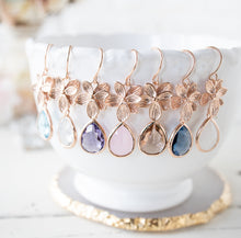 Load image into Gallery viewer, Rose Gold Teardrop Crystal Dangle Earrings, Available in 10 colors, Rose Gold Wedding Jewelry, Bridesmaid Gift, Bridal Party Gift
