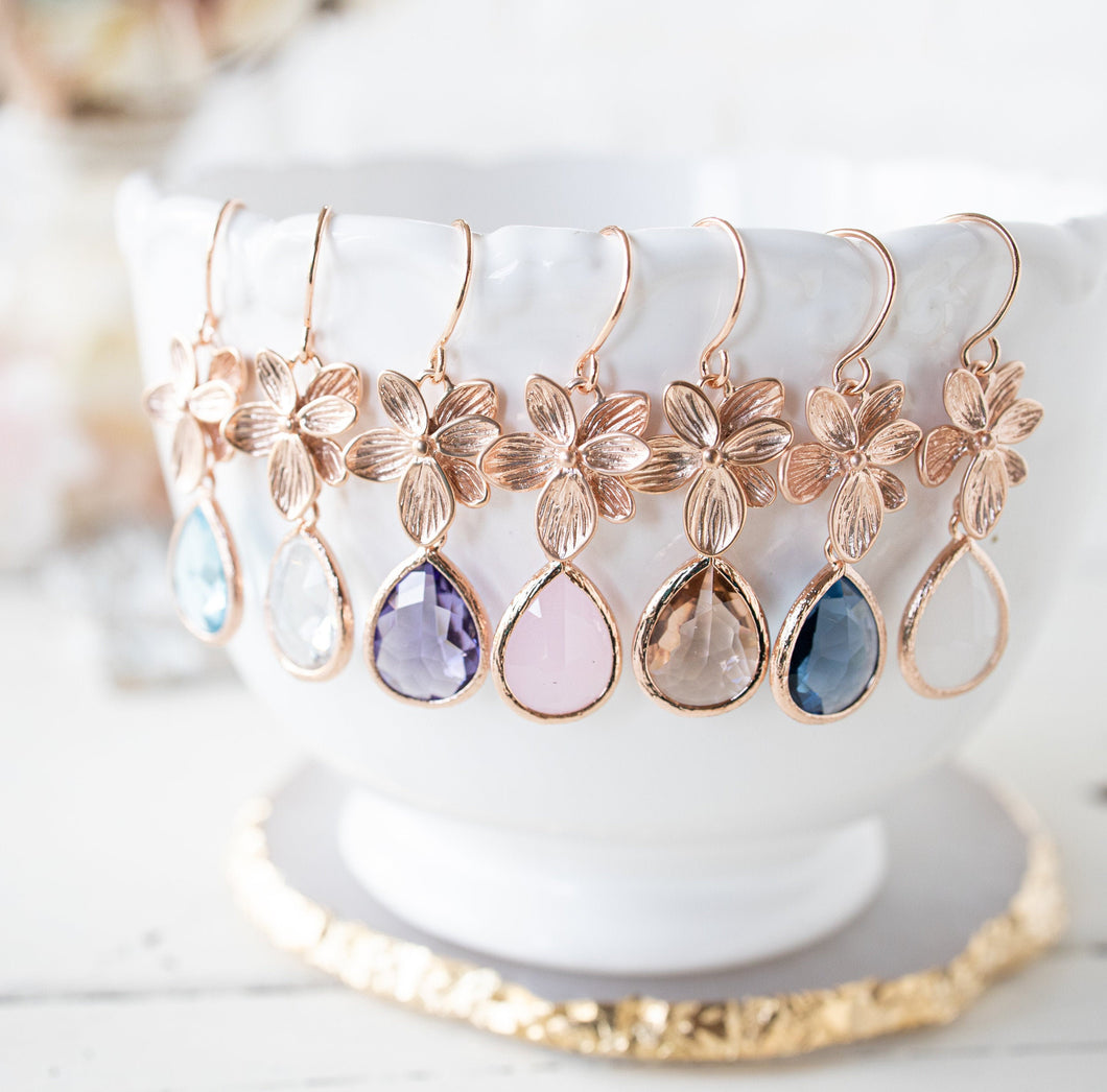 Rose Gold Teardrop Crystal Dangle Earrings, Available in 10 colors, Rose Gold Wedding Jewelry, Bridesmaid Gift, Bridal Party Gift