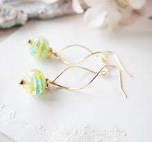 Load image into Gallery viewer, Green Blue Yellow Swirl Lampwork Glass Bead Earrings, 18K Gold Plated Dangle Earrings, Clip On Earrings Available, Gift for daughter sister
