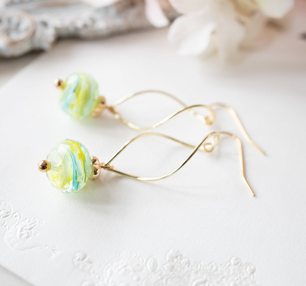 Green Blue Yellow Swirl Lampwork Glass Bead Earrings, 18K Gold Plated Dangle Earrings, Clip On Earrings Available, Gift for daughter sister