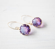 Load image into Gallery viewer, Two Tone Crystal Drop Earrings, Gold Plated Drop Earrings, Green and Blue Dangle Earrings, Purple and Yellow, Purple and Blue Drop Earrings
