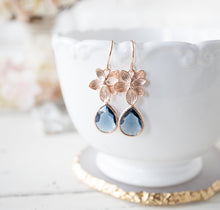 Load image into Gallery viewer, Rose Gold Navy Blue Earrings, Navy Blue Wedding Bridesmaid Earrings, Dark Sapphire Earrings, September Birthstone Jewelry, Gift for Her
