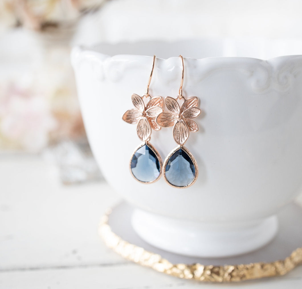 Rose Gold Navy Blue Earrings, Navy Blue Wedding Bridesmaid Earrings, Dark Sapphire Earrings, September Birthstone Jewelry, Gift for Her