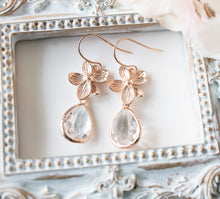 Load image into Gallery viewer, Rose Gold Clear Crystal Earrings, April Birthstone, April Birthday Gift for Her, Rose Gold Bridal Earrings, Bridesmaid Earrings Gift
