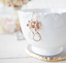 Load image into Gallery viewer, Rose Gold Clear Crystal Earrings, April Birthstone, April Birthday Gift for Her, Rose Gold Bridal Earrings, Bridesmaid Earrings Gift
