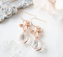 Load image into Gallery viewer, Rose Gold Clear Crystal Earrings, April Birthstone, April Birthday Gift for Her, Rose Gold Bridal Earrings, Bridesmaid Earrings Gift
