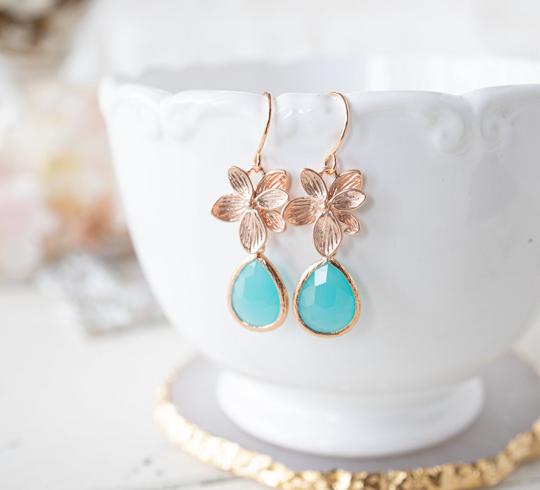 Turquoise Blue Teardrop Crystal Rose Gold Flower Earrings, December Birthstone, December Birthday Gift for Her, Turquoise Wedding Earrings