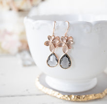 Load image into Gallery viewer, Grey Earrings, Rose Gold Earrings, Flower Dangle Earrings, Gray Drop Earrings, Jewelry Gift for Wife, Gift for Girlfriend, Jewelry for Mom
