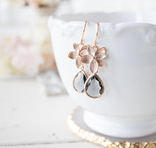 Load image into Gallery viewer, Grey Earrings, Rose Gold Earrings, Flower Dangle Earrings, Gray Drop Earrings, Jewelry Gift for Wife, Gift for Girlfriend, Jewelry for Mom
