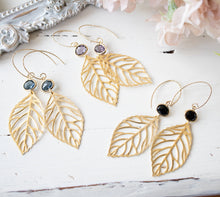 Load image into Gallery viewer, Leaf Earrings, Gold Filigree Leaf Dark Sapphire Blue Navy Blue Earrings,  Navy Blue Wedding Jewelry, Bridesmaid Gift, September Birthstone
