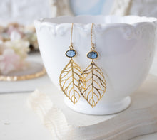 Load image into Gallery viewer, Leaf Earrings, Gold Filigree Leaf Dark Sapphire Blue Navy Blue Earrings,  Navy Blue Wedding Jewelry, Bridesmaid Gift, September Birthstone
