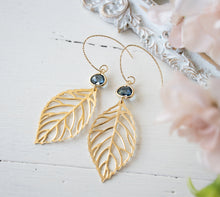 Load image into Gallery viewer, Leaf Earrings, Gold Filigree Leaf Dark Sapphire Blue Navy Blue Earrings,  Navy Blue Wedding Jewelry, Bridesmaid Gift, September Birthstone
