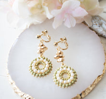 Load image into Gallery viewer, Olive Green Earrings, Sage Green Olive Green Crystal White Pearl Pave Pendant Earrings, Gold Nugget Beads Earrings, Clip On Available
