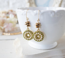 Load image into Gallery viewer, Crystals and Pearls Paved Circle Pendant Earrings, Gold Nugget Beaded Earrings, Bohemian Earrings, Bohemian Boho Wedding Jewelry
