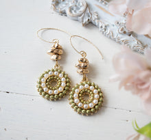 Load image into Gallery viewer, Crystals and Pearls Paved Circle Pendant Earrings, Gold Nugget Beaded Earrings, Bohemian Earrings, Bohemian Boho Wedding Jewelry
