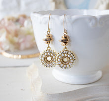 Load image into Gallery viewer, White Crystal Pearl Pave Pendant Earrings, Gold Nugget Beads Circle Earrings, Gift for Women, Bohemian Wedding Jewelry, Clip On Available
