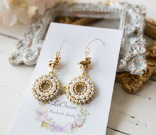 Load image into Gallery viewer, White Crystal Pearl Pave Pendant Earrings, Gold Nugget Beads Circle Earrings, Gift for Women, Bohemian Wedding Jewelry, Clip On Available
