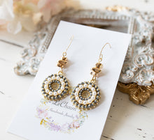 Load image into Gallery viewer, Gold and Grey Earrings, Grey Crystal White Pearl Circle Pendant Earrings, Bohemian Earrings, Boho Jewelry, Gift for Women, Bohemian Wedding
