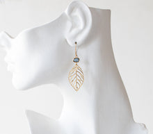 Load image into Gallery viewer, Leaf Earrings, Gold Filigree Leaf Dark Sapphire Blue Navy Blue Earrings,  Navy Blue Wedding Jewelry, Bridesmaid Gift, September Birthstone
