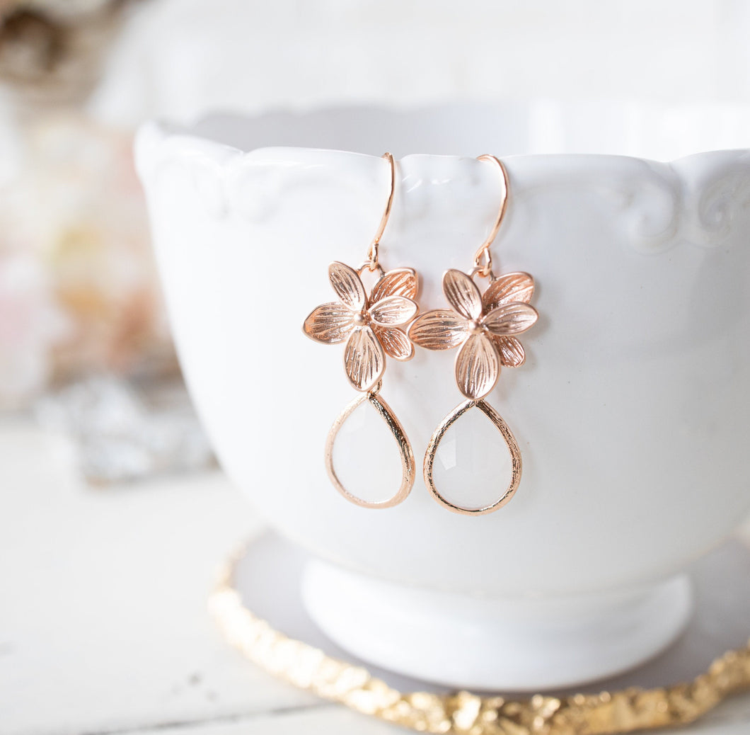 Rose Gold Opalite white Teardrop Glass Stone Earrings, Flower Dangle Earrings, Rose Gold Wedding Jewelry,  Bridal Earrings, Bridesmaid Gift