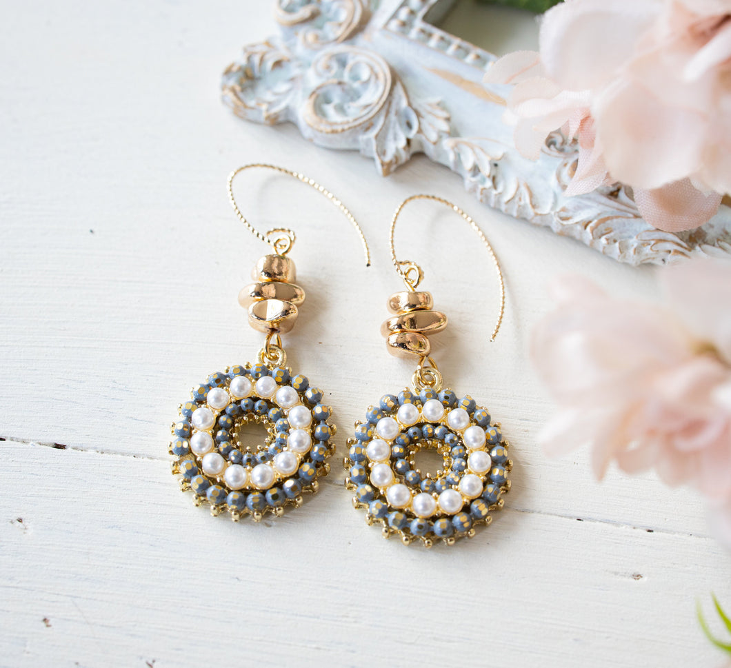 Gold and Grey Earrings, Grey Crystal White Pearl Circle Pendant Earrings, Bohemian Earrings, Boho Jewelry, Gift for Women, Bohemian Wedding