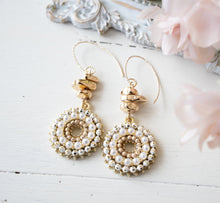 Load image into Gallery viewer, White Crystal Pearl Pave Pendant Earrings, Gold Nugget Beads Circle Earrings, Gift for Women, Bohemian Wedding Jewelry, Clip On Available
