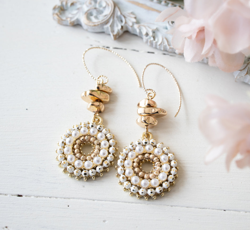 White Crystal Pearl Pave Pendant Earrings, Gold Nugget Beads Circle Earrings, Gift for Women, Bohemian Wedding Jewelry, Clip On Available