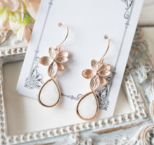 Load image into Gallery viewer, Rose Gold Opalite white Teardrop Glass Stone Earrings, Flower Dangle Earrings, Rose Gold Wedding Jewelry,  Bridal Earrings, Bridesmaid Gift
