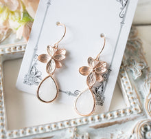 Load image into Gallery viewer, Rose Gold Opalite white Teardrop Glass Stone Earrings, Flower Dangle Earrings, Rose Gold Wedding Jewelry,  Bridal Earrings, Bridesmaid Gift
