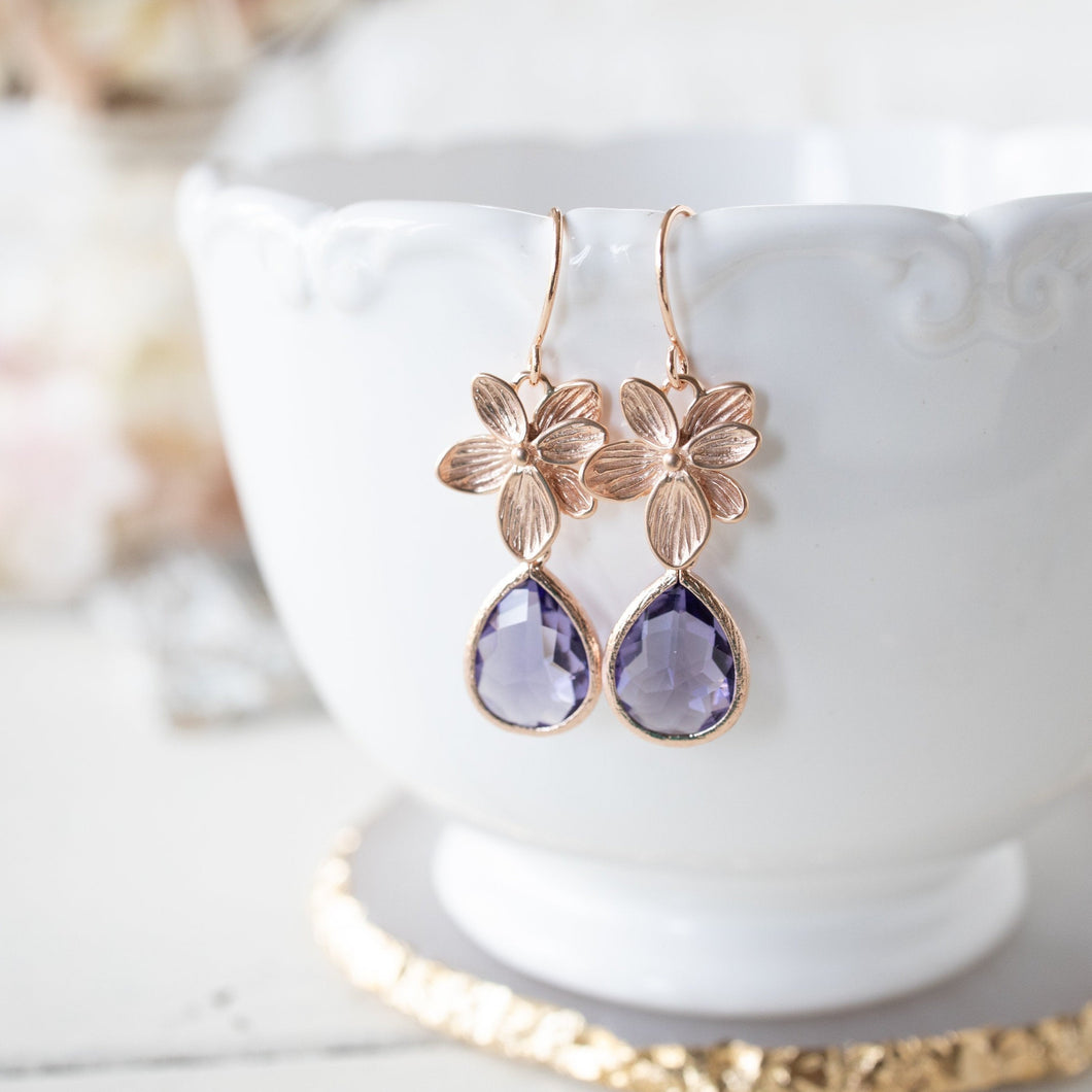 rose gold flower earrings with purple crystals