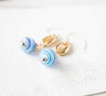 Load image into Gallery viewer, Cowrie Shell Earrings, Cowry Earrings, 18K Gold plated Blue Drop Earrings, Pacific Ocean Blue Swirl Lampwork Glass Bead, Beach Jewelry
