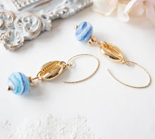 Load image into Gallery viewer, Cowrie Shell Earrings, Cowry Earrings, 18K Gold plated Blue Drop Earrings, Pacific Ocean Blue Swirl Lampwork Glass Bead, Beach Jewelry
