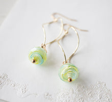 Load image into Gallery viewer, Green Blue Yellow Swirl Lampwork Glass Bead Earrings, 18K Gold Plated Dangle Earrings, Clip On Earrings Available, Gift for daughter sister
