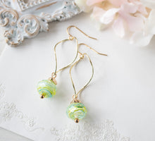 Load image into Gallery viewer, Green Blue Yellow Swirl Lampwork Glass Bead Earrings, 18K Gold Plated Dangle Earrings, Clip On Earrings Available, Gift for daughter sister
