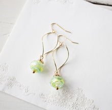 Load image into Gallery viewer, Green Blue Yellow Swirl Lampwork Glass Bead Earrings, 18K Gold Plated Dangle Earrings, Clip On Earrings Available, Gift for daughter sister
