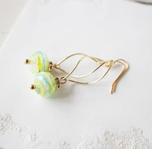 Load image into Gallery viewer, Green Blue Yellow Swirl Lampwork Glass Bead Earrings, 18K Gold Plated Dangle Earrings, Clip On Earrings Available, Gift for daughter sister
