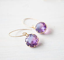 Load image into Gallery viewer, Two Tone Crystal Drop Earrings, Gold Plated Drop Earrings, Green and Blue Dangle Earrings, Purple and Yellow, Purple and Blue Drop Earrings
