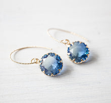 Load image into Gallery viewer, Two Tone Crystal Drop Earrings, Gold Plated Drop Earrings, Green and Blue Dangle Earrings, Purple and Yellow, Purple and Blue Drop Earrings
