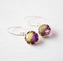 Load image into Gallery viewer, Two Tone Crystal Drop Earrings, Gold Plated Drop Earrings, Green and Blue Dangle Earrings, Purple and Yellow, Purple and Blue Drop Earrings
