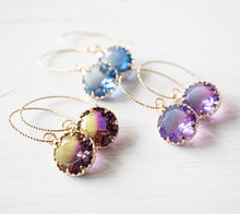 Load image into Gallery viewer, Two Tone Crystal Drop Earrings, Gold Plated Drop Earrings, Green and Blue Dangle Earrings, Purple and Yellow, Purple and Blue Drop Earrings
