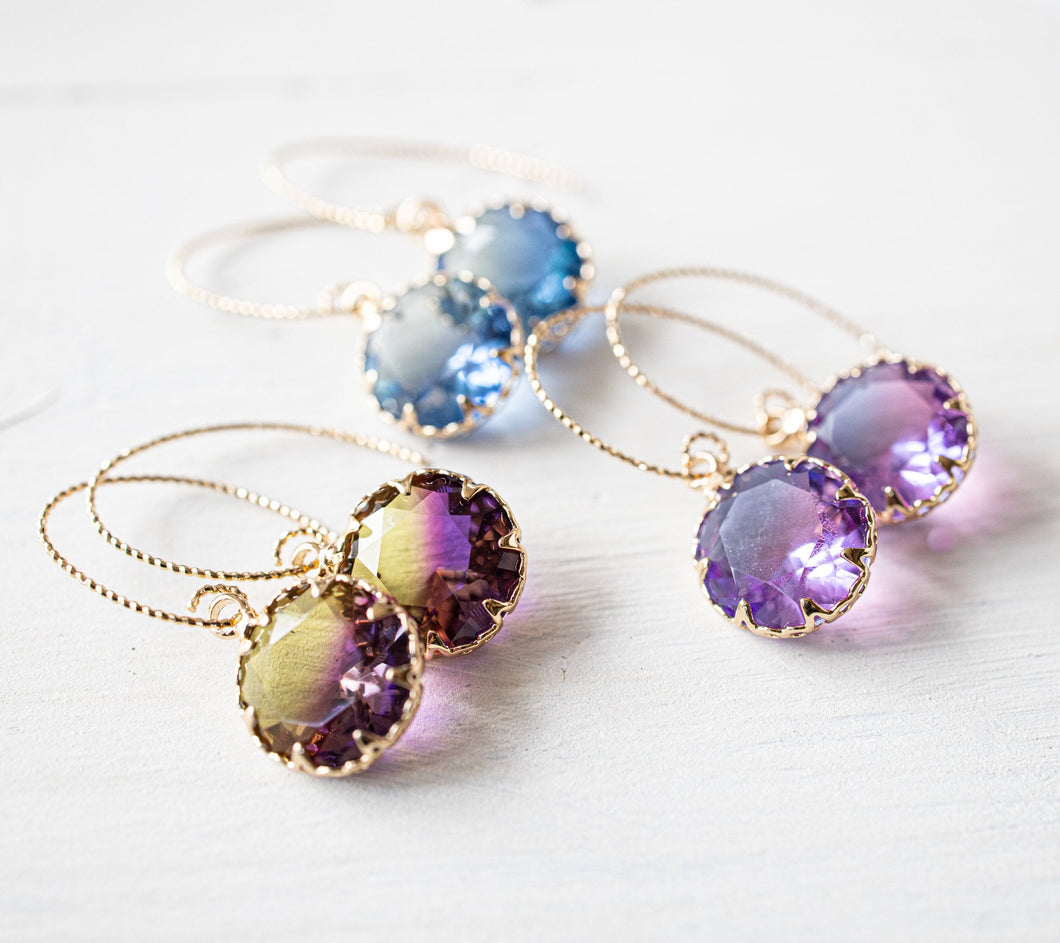 Two Tone Crystal Drop Earrings, Gold Plated Drop Earrings, Green and Blue Dangle Earrings, Purple and Yellow, Purple and Blue Drop Earrings