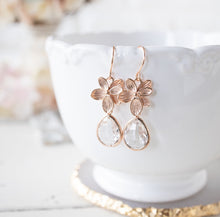 Load image into Gallery viewer, Rose Gold Clear Crystal Earrings, April Birthstone, April Birthday Gift for Her, Rose Gold Bridal Earrings, Bridesmaid Earrings Gift
